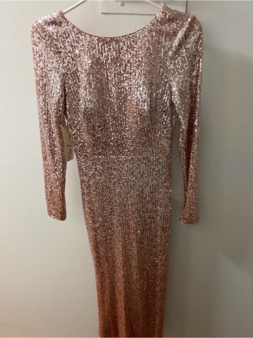 NWT Eliza J Rose Gold Sequin Gown 0P Petite Formal Evening Dress Glam Maxi - Picture 2 of 4